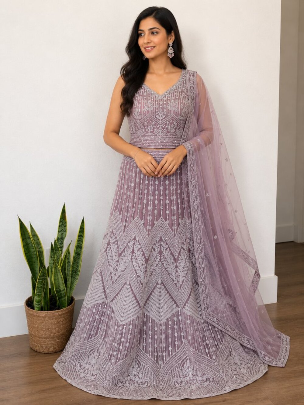 Dusty Mauve Embroidered Lehenga Set with Dupatta | Indian Wedding Wear